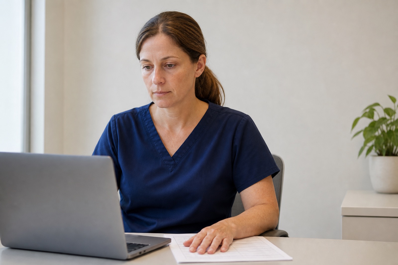 A physician reviewing an intake on a tablet